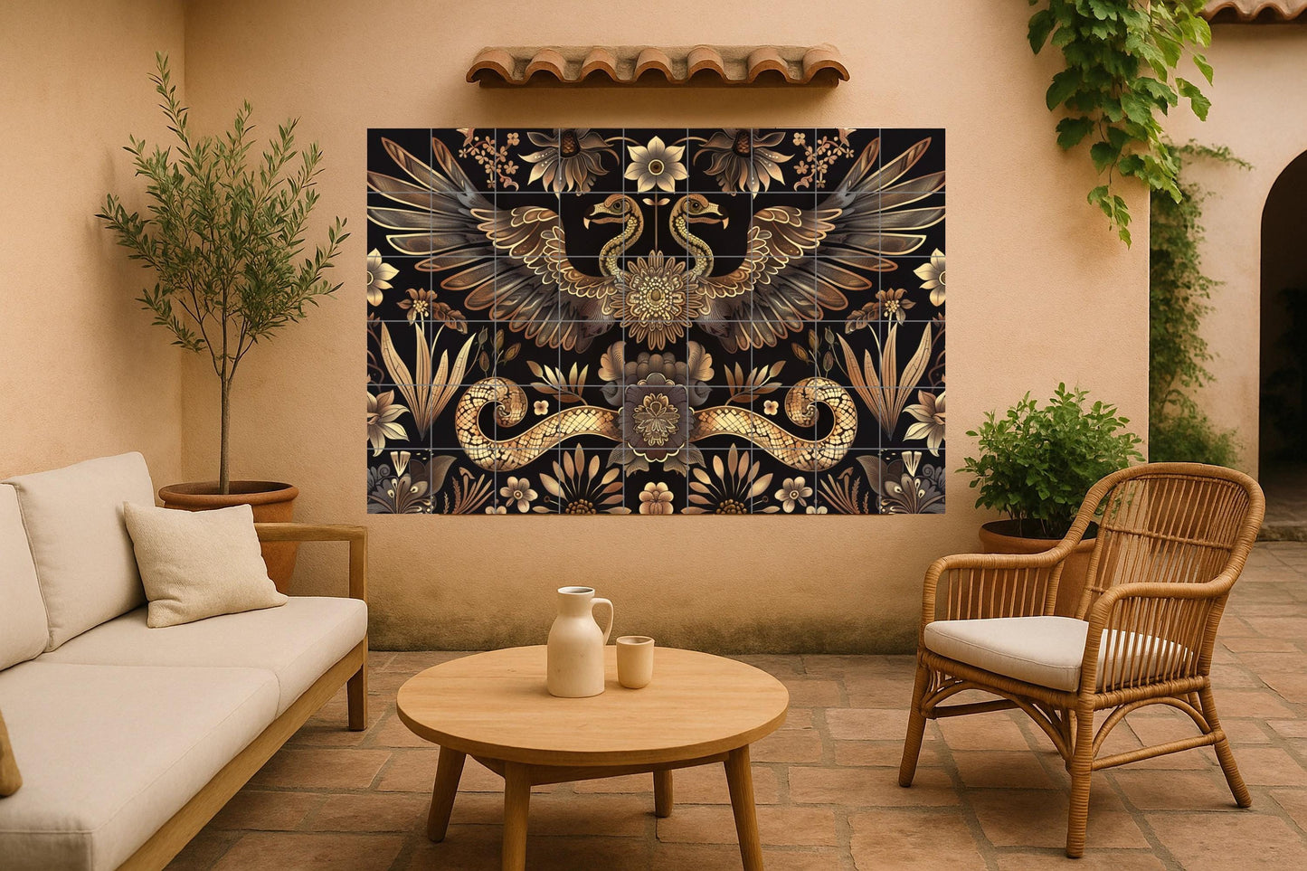 Folk art bird tile mural • Ukrainian symmetrical ceramics • Baroque floral snake design • Slavic folk ornamental wall decoration