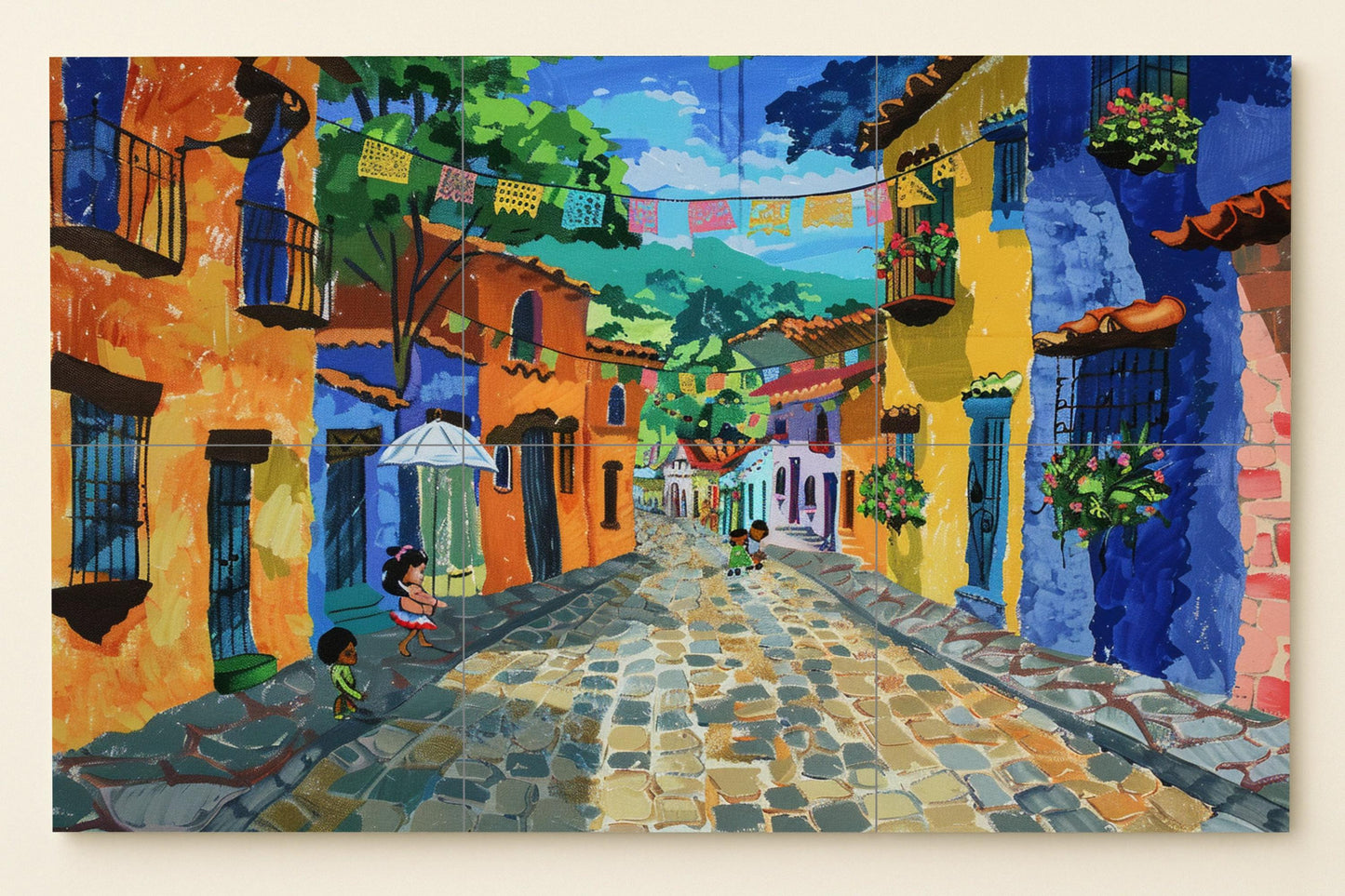 Mexican street tile mural • San Cristóbal folk art ceramics • Colorful colonial wall panel • Urban decor for Latin festivals
