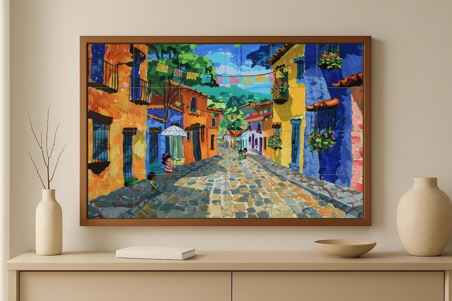 Mexican street tile mural • San Cristóbal folk art ceramics • Colorful colonial wall panel • Urban decor for Latin festivals