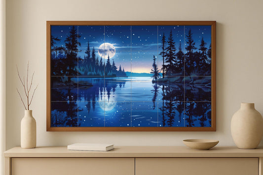 Tile mural with a moonlit lake and forest • Nordic night ceramic art • Canadian boreal landscape panel • Silent, starry nature wall decor