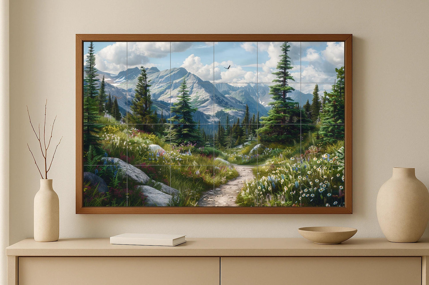 Alpine wildflower tile mural • Canadian Rocky Mountains art panel • Glacier trail ceramic • Mountain wall tile decor for nature lovers