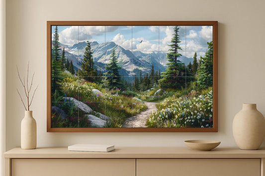 Alpine wildflower tile mural • Canadian Rocky Mountains art panel • Glacier trail ceramic • Mountain wall tile decor for nature lovers