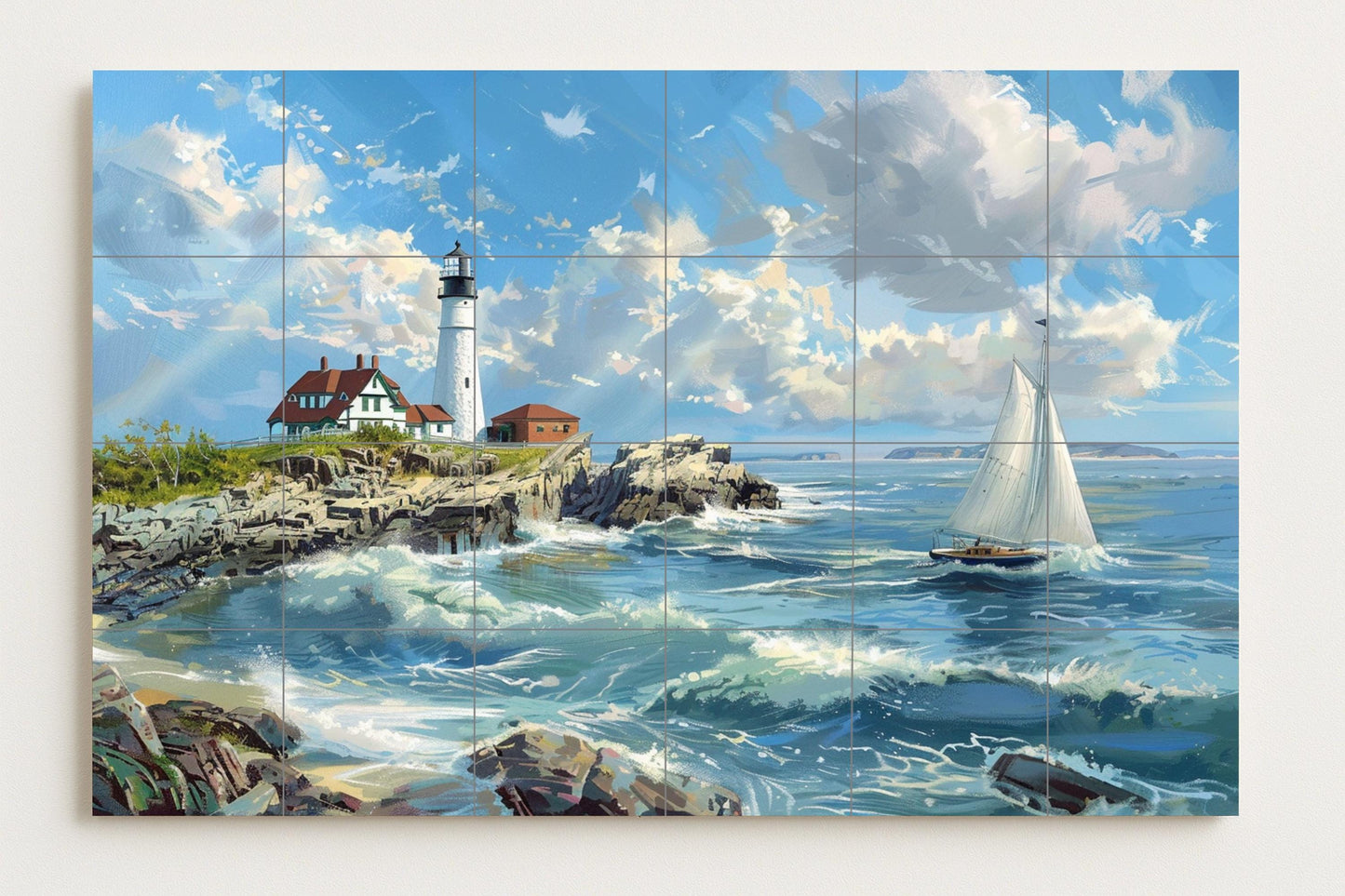 Nautical Lighthouse Tile Mural • Maine Coastal Wall Art • Nautical Seascape Ceramic Panel • New England Maritime Decor