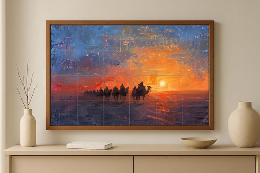 Sunset Caravan Mural • Wall Art with Arabian Camel Tiles • Ceramic Desert Silhouettes Inspired by the Sahara • Oriental Nomadic Decor
