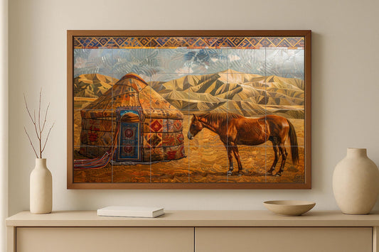 Nomadic yurt wall mural • Hand-painted horse and steppe scene • Central Asian ceramic tile artwork • Kazakh Kyrgyz interior accent