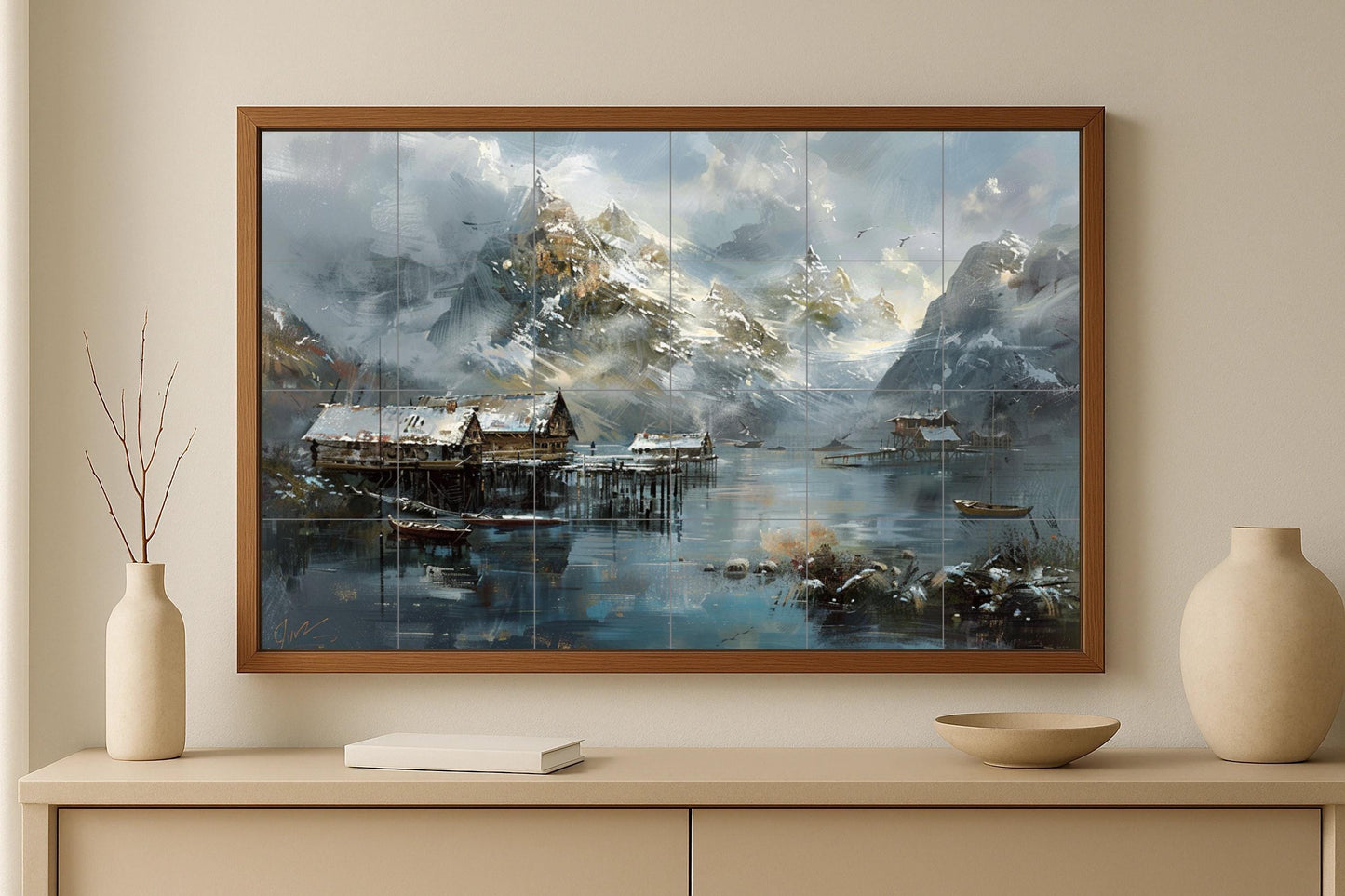 Nordic Winter Tile Mural • Hand-Painted Alpine Lake Scene • Scandinavian Mountain Cottage Decor • Hallstatt Style Ceramic Artwork