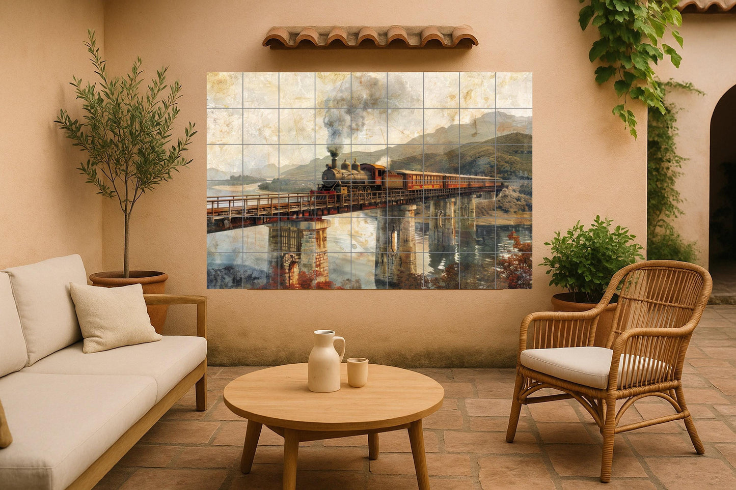 Steam train mural • European railway tile mural art • Alpine bridge decoration • Vintage travel panel • Ceramic locomotive scene • Panoramic viaduct