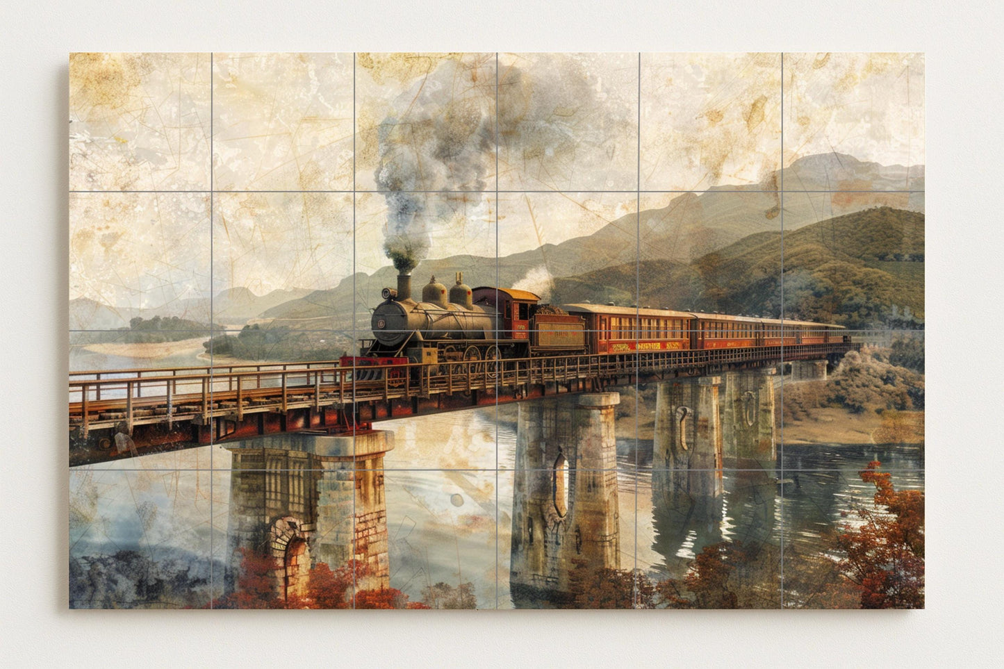 Steam train mural • European railway tile mural art • Alpine bridge decoration • Vintage travel panel • Ceramic locomotive scene • Panoramic viaduct
