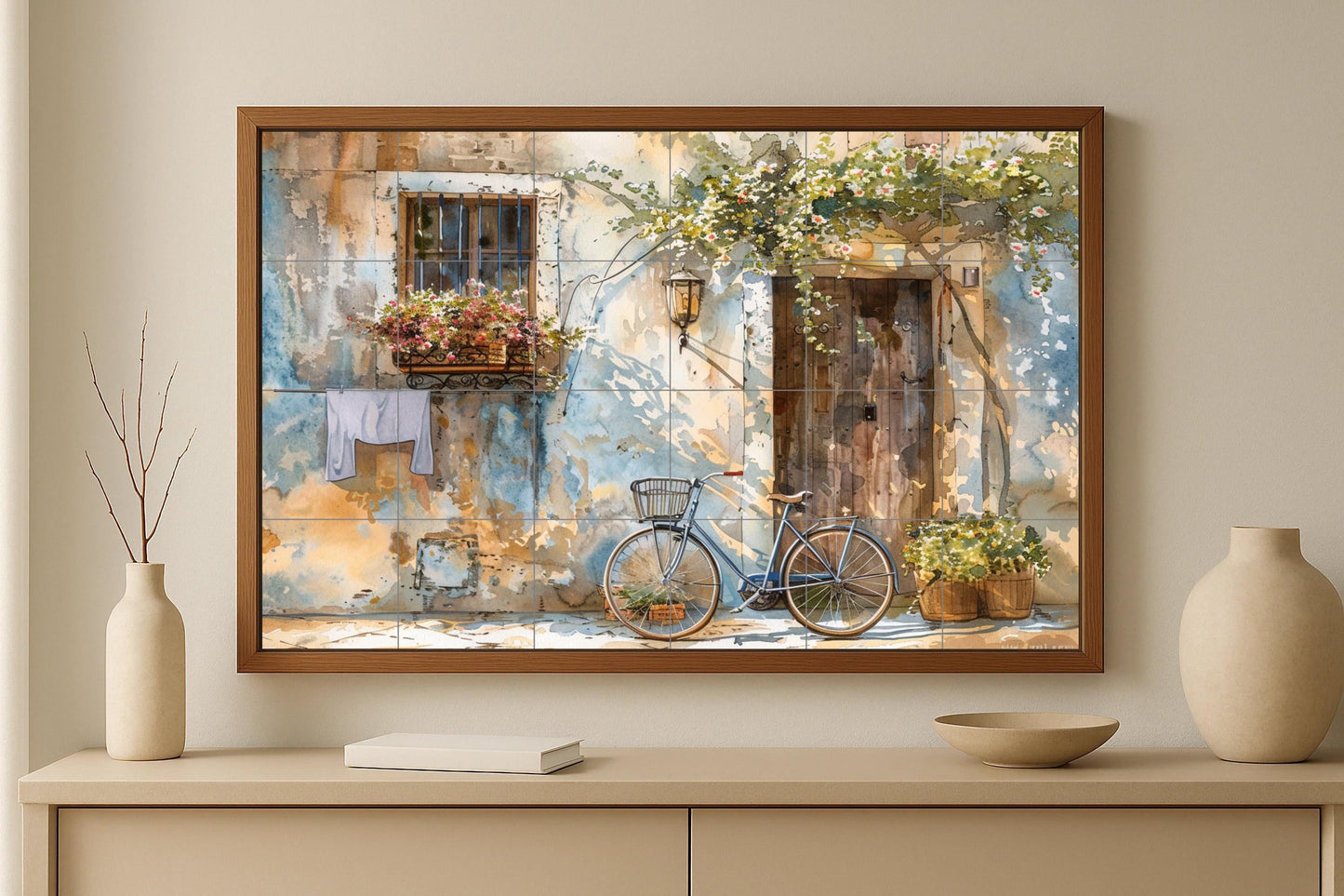 Provencal door mural • French watercolor tile mural art • Bicycle scene decoration • Aix street panel • Mediterranean facade ceramics • Vignette