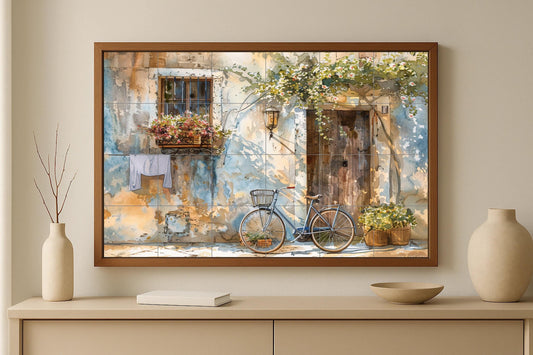 Provencal door mural • French watercolor tile mural art • Bicycle scene decoration • Aix street panel • Mediterranean facade ceramics • Vignette