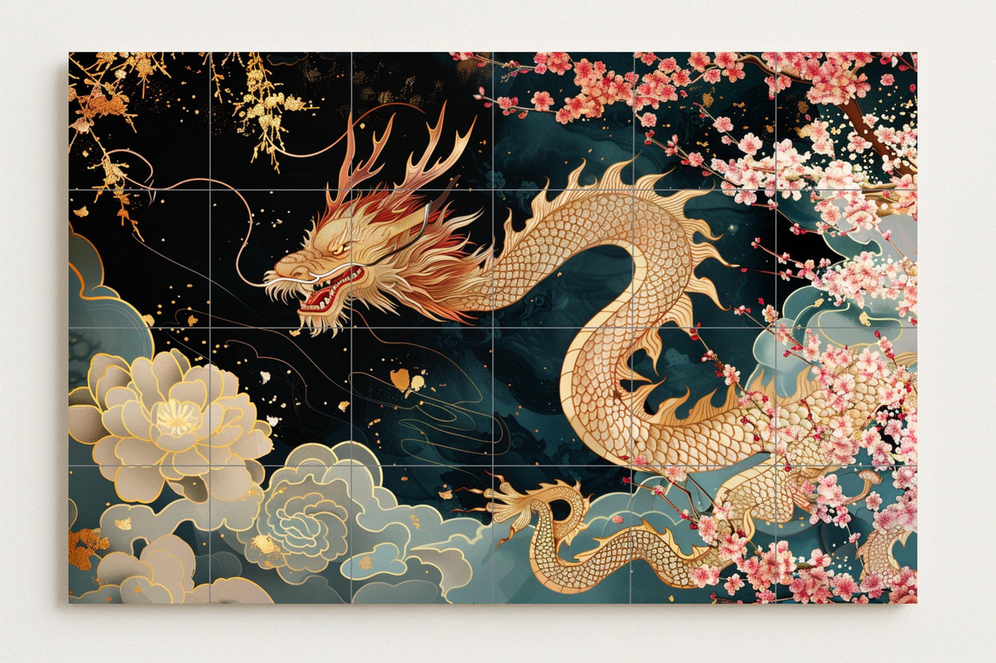 Asian Dragon Mural • Kyoto Flower Tile Wall Art • Celestial Guardian Decoration • Imperial Cloud Panel • Hanami Golden Ceramics • Mythical Spring