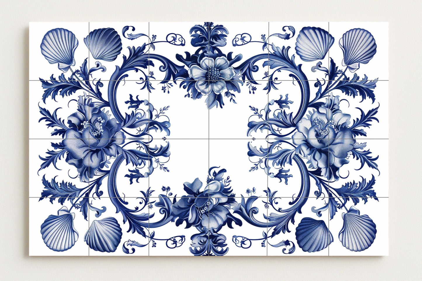Delft floral mural • Dutch Baroque tile wall art • Shell ceramic decoration • Flemish scroll panel • Coastal blue pottery • Symmetrical