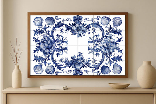 Delft floral mural • Dutch Baroque tile wall art • Shell ceramic decoration • Flemish scroll panel • Coastal blue pottery • Symmetrical