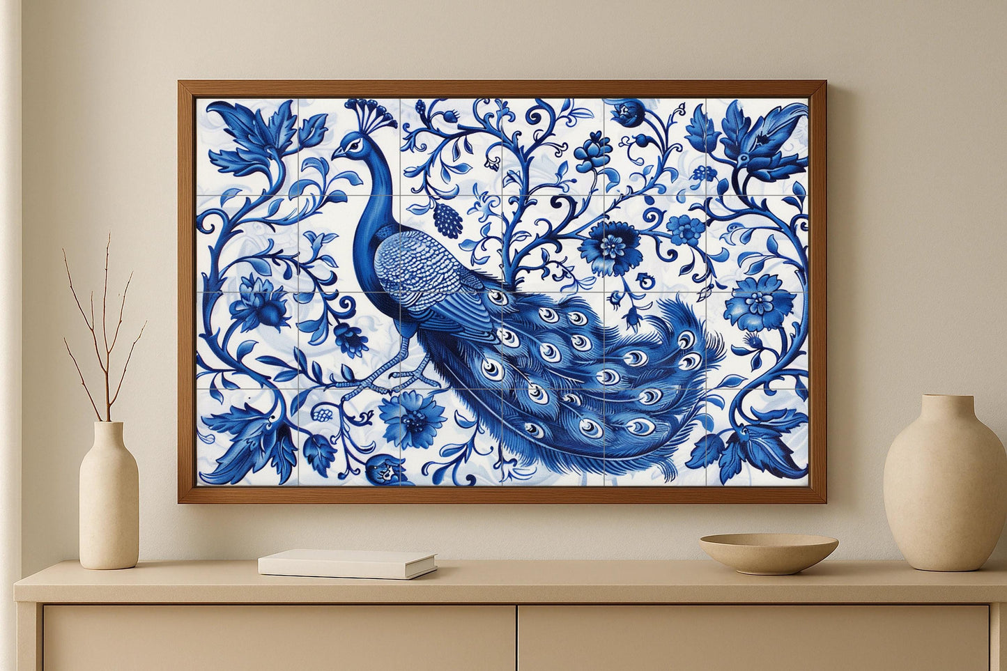 Peacock Wall Tile • Indian Bird Wall Art • Mughal Floral Ceramics • Blue Scroll Decor • Jaipur Plumage Panel • Elegant Garden Ceramics