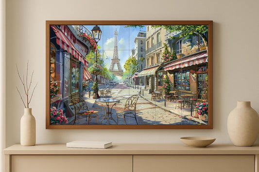 Parisian café mural • French terrace tile mural art • Eiffel Tower decoration • Bistro culture panel • Montmartre ceramic scene • Romantic street