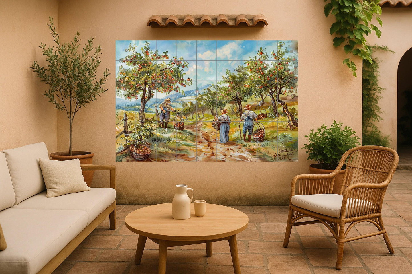Tyrolean vegetable garden mural • Alpine harvest tile mural art • Trentino countryside decoration • Mountain farming ceramic panel • Austrian valley scene