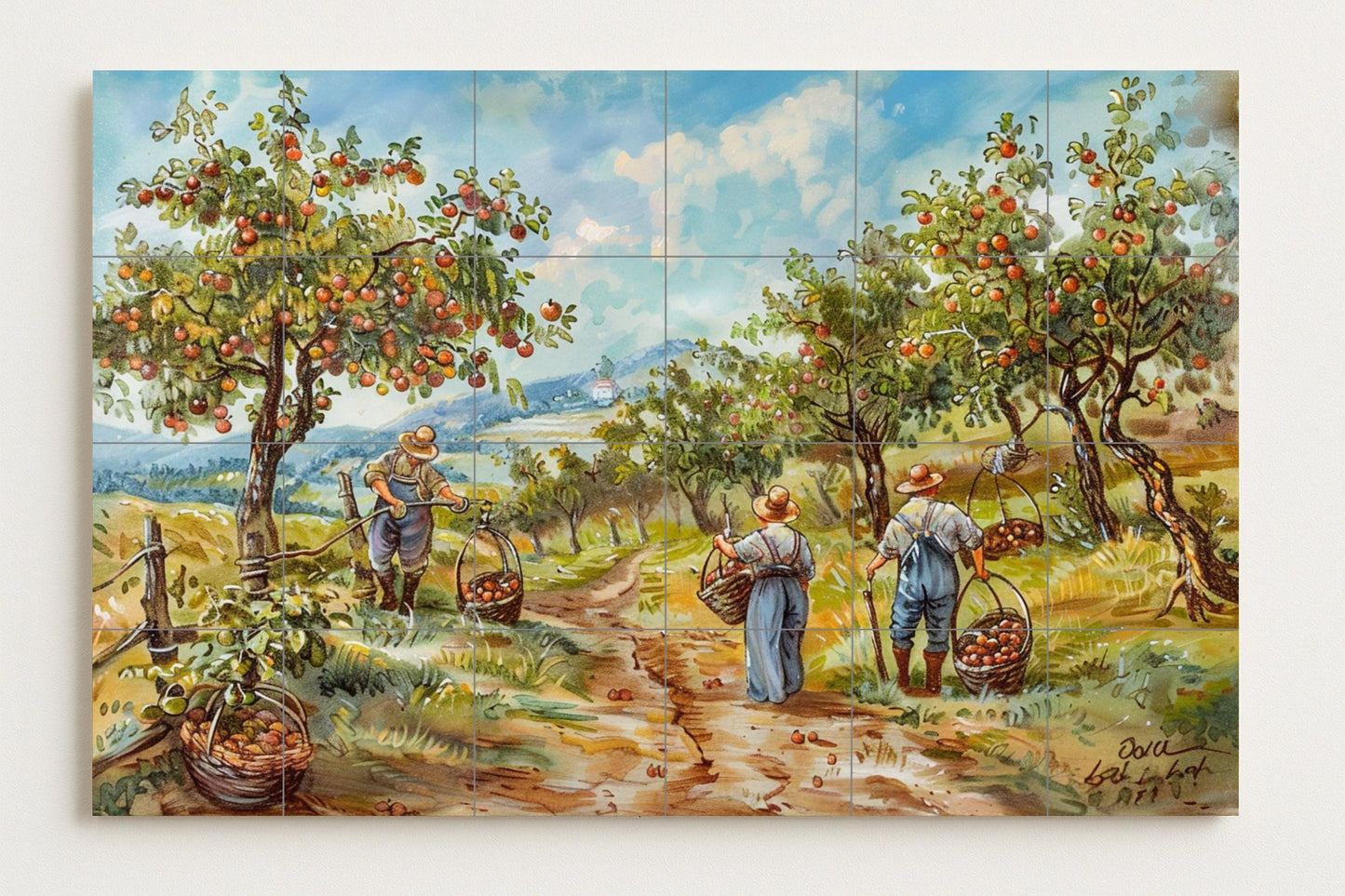 Tyrolean vegetable garden mural • Alpine harvest tile mural art • Trentino countryside decoration • Mountain farming ceramic panel • Austrian valley scene