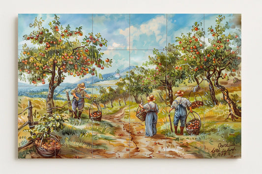 Tyrolean vegetable garden mural • Alpine harvest tile mural art • Trentino countryside decoration • Mountain farming ceramic panel • Austrian valley scene