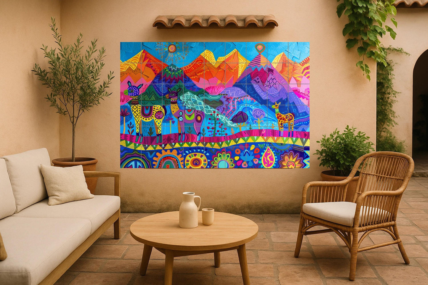 Mural of Andean spirit • Mural art of popular Cusco tiles • Decoration of Quechua llamas • Ceramic panel from the Sacred Valley • Inca textile design • Altiplano mountain