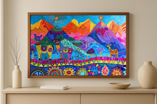 Mural of Andean spirit • Mural art of popular Cusco tiles • Decoration of Quechua llamas • Ceramic panel from the Sacred Valley • Inca textile design • Altiplano mountain