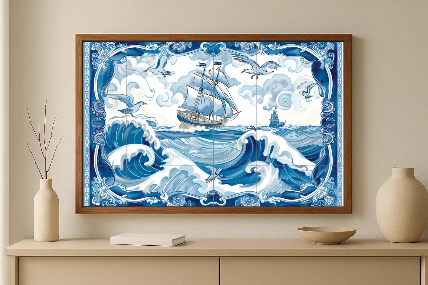 Delft Sea Mural • Dutch Navigation Tile Wall Art • North Sea Ceramic Decoration • Amsterdam Nautical Panel • Baroque Ocean Frame • Sea Wind