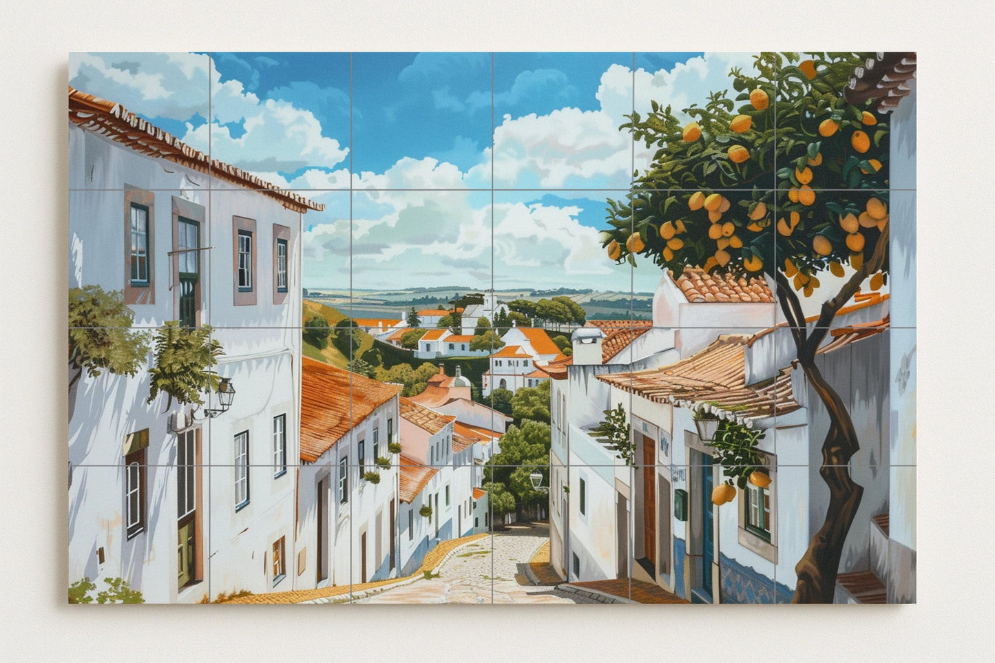 Mural of a Portuguese village • Alentejo tile mural art • Street decoration of Óbidos • Whitewashed ceramic panel • Iberian hillside • Citrus terrace