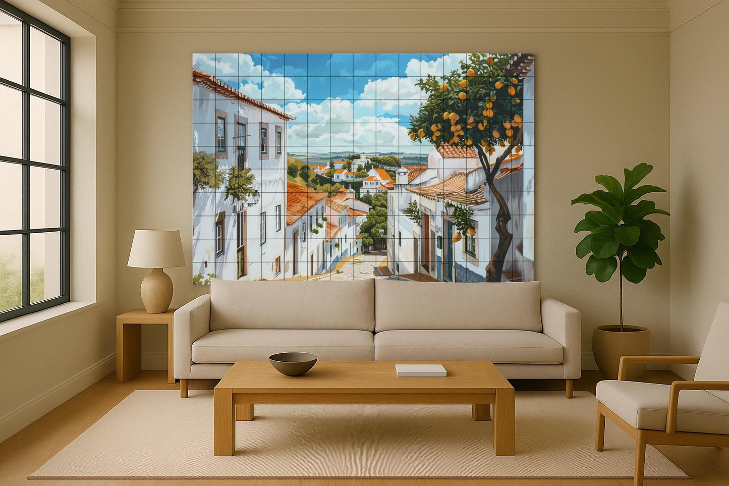 Tile mural of a Mediterranean village: whitewashed hillside, citrus trees and terracotta roofs in a serene ceramic scene.