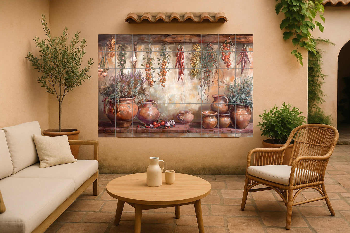 Rustic kitchen tile mural • Still life of Mediterranean herbs and spices • Ceramic wall art with garlic, terracotta pots, and hanging tomatoes