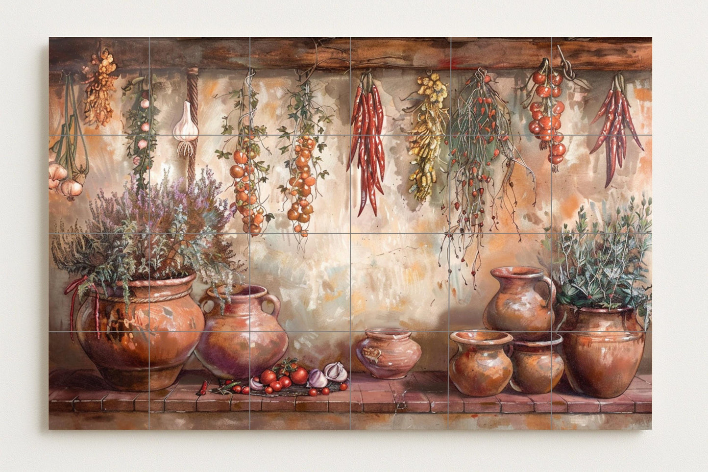 Rustic kitchen tile mural • Still life of Mediterranean herbs and spices • Ceramic wall art with garlic, terracotta pots, and hanging tomatoes