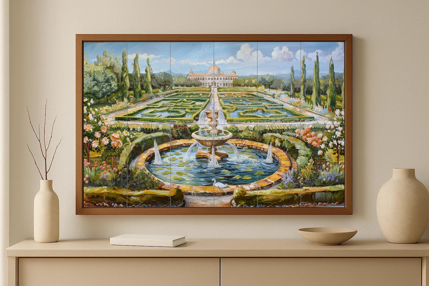 Palace garden tile mural • Classical Baroque courtyard with fountains and hedges • Ceramic mural art with European landscape