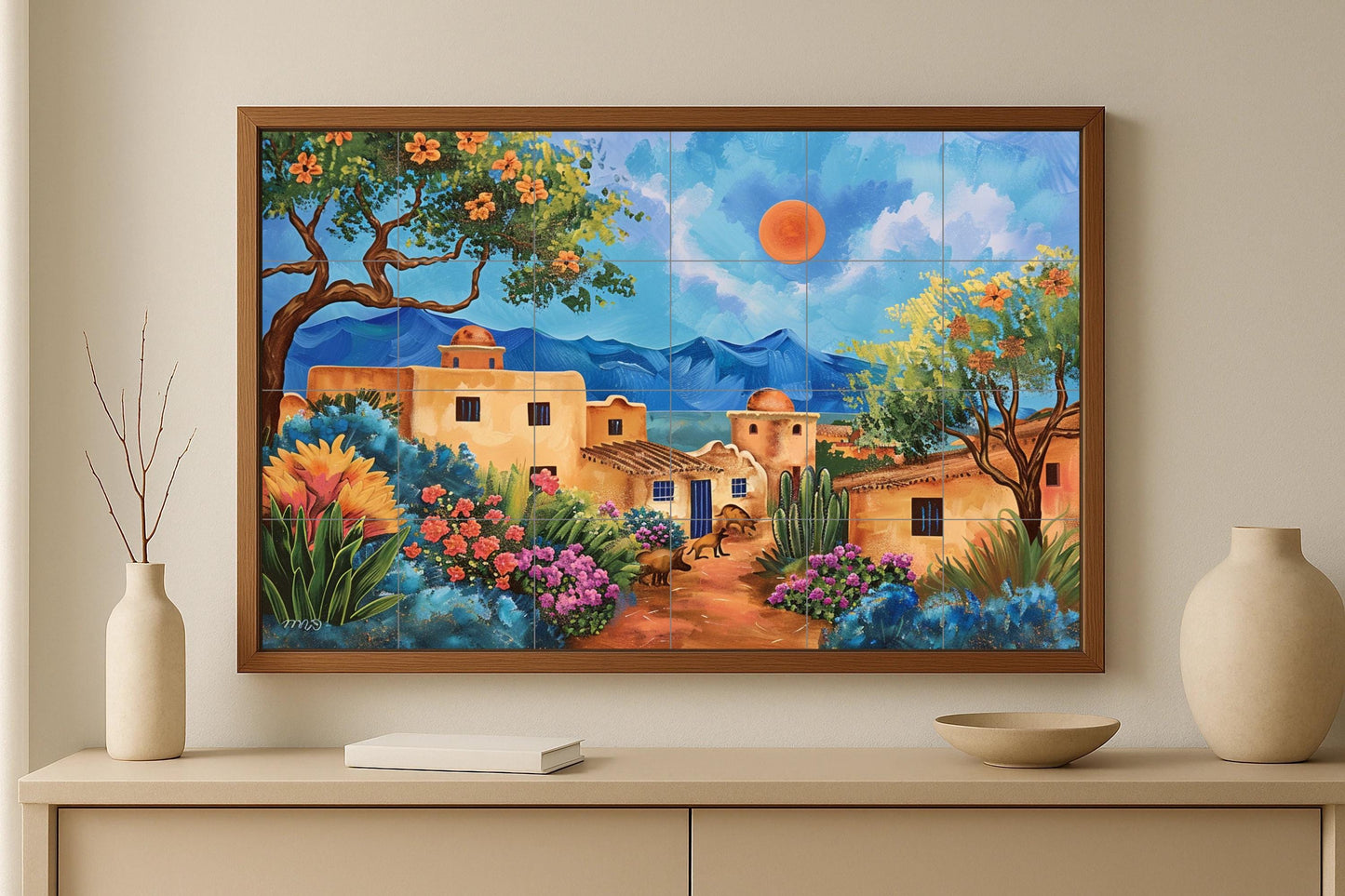 Colorful mural of an adobe village • Southwestern tile art with cactus and floral landscape • Hand-painted ceramic mural of a Mexican village