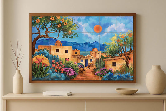 Colorful mural of an adobe village • Southwestern tile art with cactus and floral landscape • Hand-painted ceramic mural of a Mexican village
