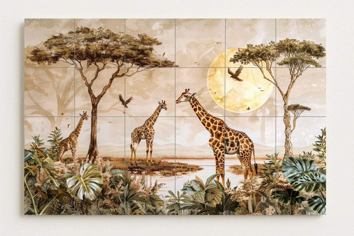 Golden Savannah Giraffe Mural • Sunlit African Tile Art • Earth-Tone Safari Jungle Ceramic Wall • Botanical Wildlife Interior Panel