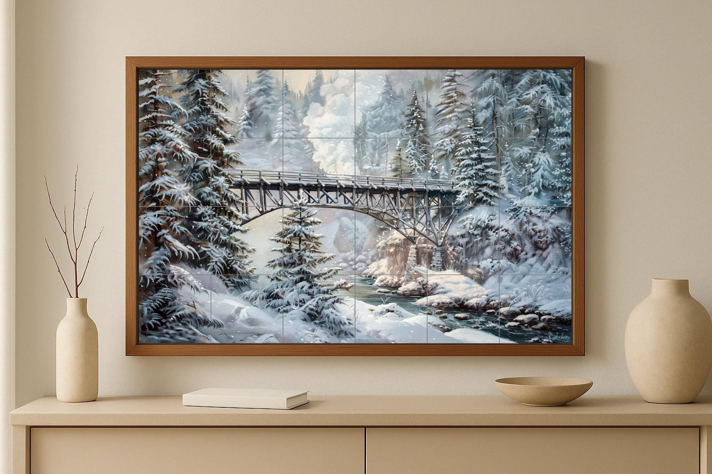 Ceramic mural with snowy mountain bridge • Tile art with railway in winter forest • Wall panel with frozen alpine landscape • Nature crossing in the snow