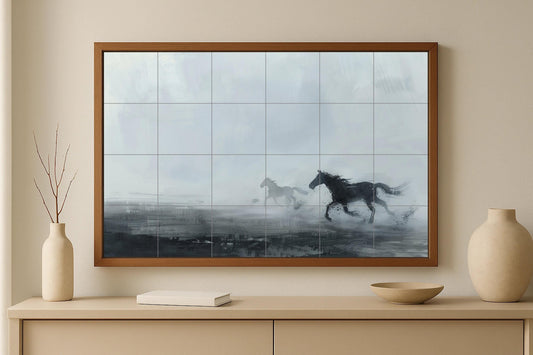 Ceramic mural of running wild horses • Abstract equine tile art • Monochromatic freedom decor • Dynamic black horse silhouette panel