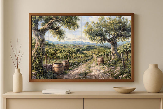 Vineyard Ceramic Mural • Rustic Wine Landscape Tile Wall Art • Mediterranean Country Decor • Wine Barrel Ceramic Panel • Rural Vineyard
