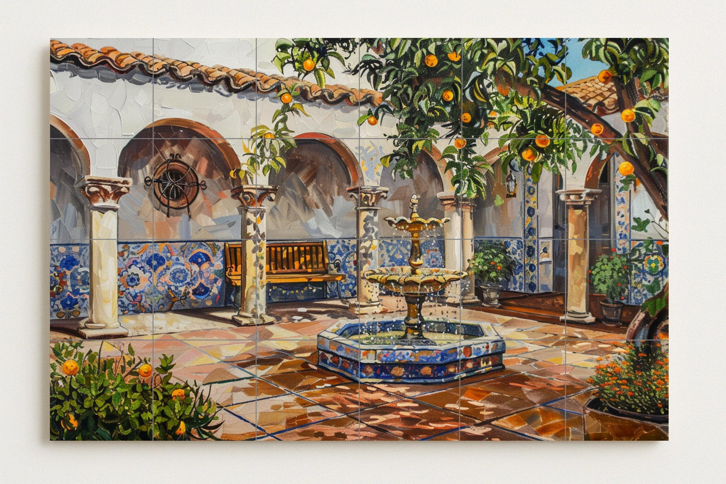 Cloister courtyard mural • Spanish arch tile mural • Orange tree fountain decoration • Andalusian ceramic courtyard • Seville interior panel