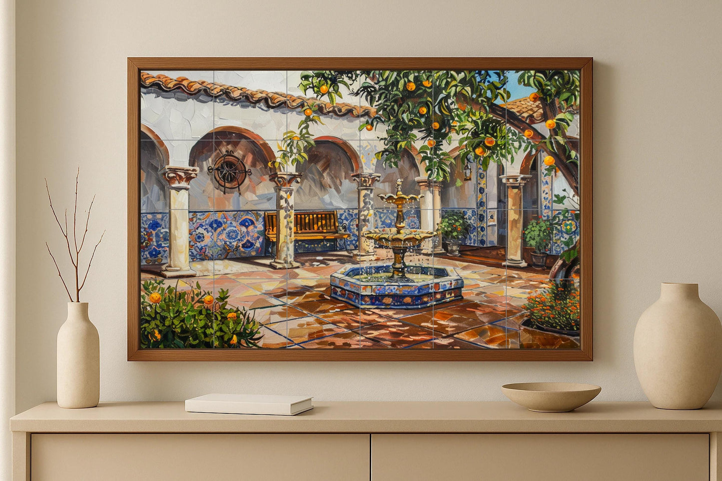 Cloister courtyard mural • Spanish arch tile mural • Orange tree fountain decoration • Andalusian ceramic courtyard • Seville interior panel