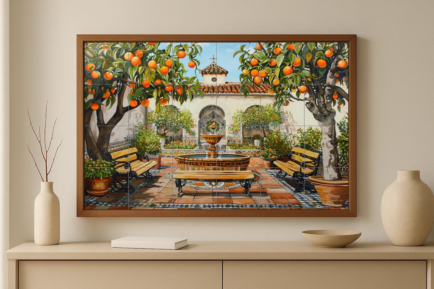 Spanish Patio Mural • Citrus Patio Tile Wall Art • Mediterranean Fountain Decor • Moorish Garden Ceramic Panel • Seville Tile Scene