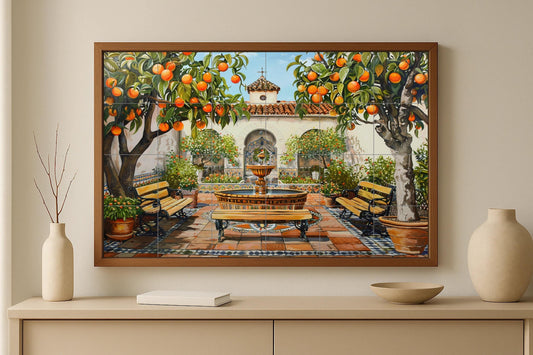 Spanish Patio Mural • Citrus Patio Tile Wall Art • Mediterranean Fountain Decor • Moorish Garden Ceramic Panel • Seville Tile Scene