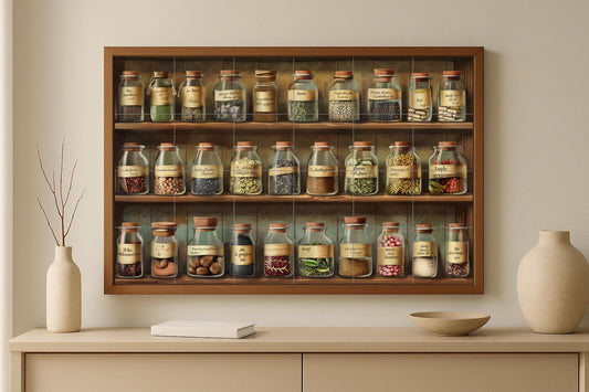 Apothecary Jar Mural • Vintage Spice Tile Wall Art • Ceramic Panel with Herb Rack • Rustic Pantry Decor Scene • Kitchen Remedies Tile Design