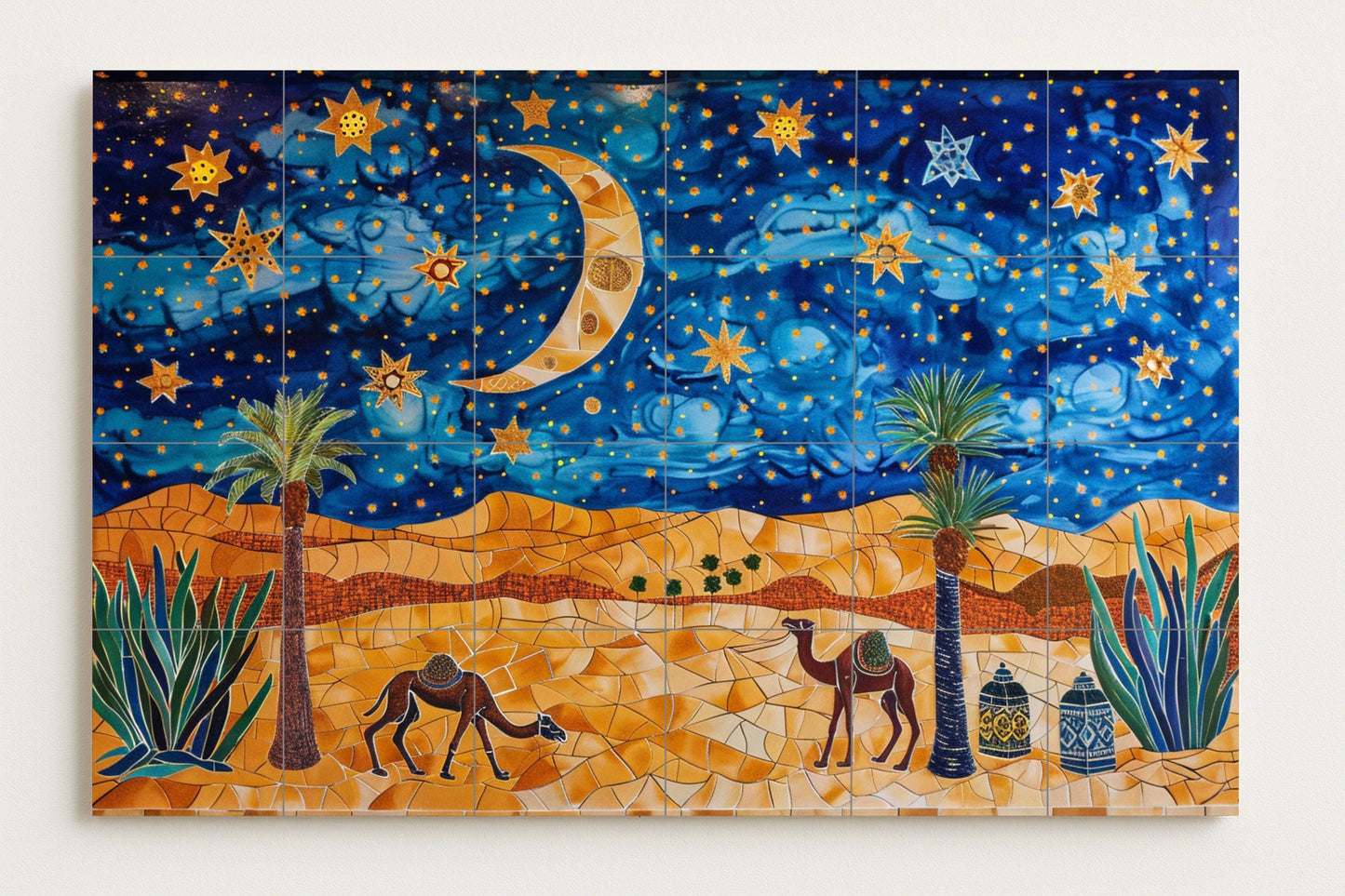 Night mural in the desert • Camel caravan tile mural art • Starry sky mosaic decoration • Moonlit dune ceramic scene • Eastern twilight panel