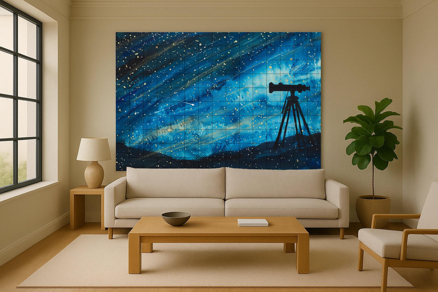 Nighttime Stargazing Mural • Tile Wall Art with Telescope • Celestial Observation Decor • Astronomical Ceramic Panel • Tile Scene with Starry Cosmos