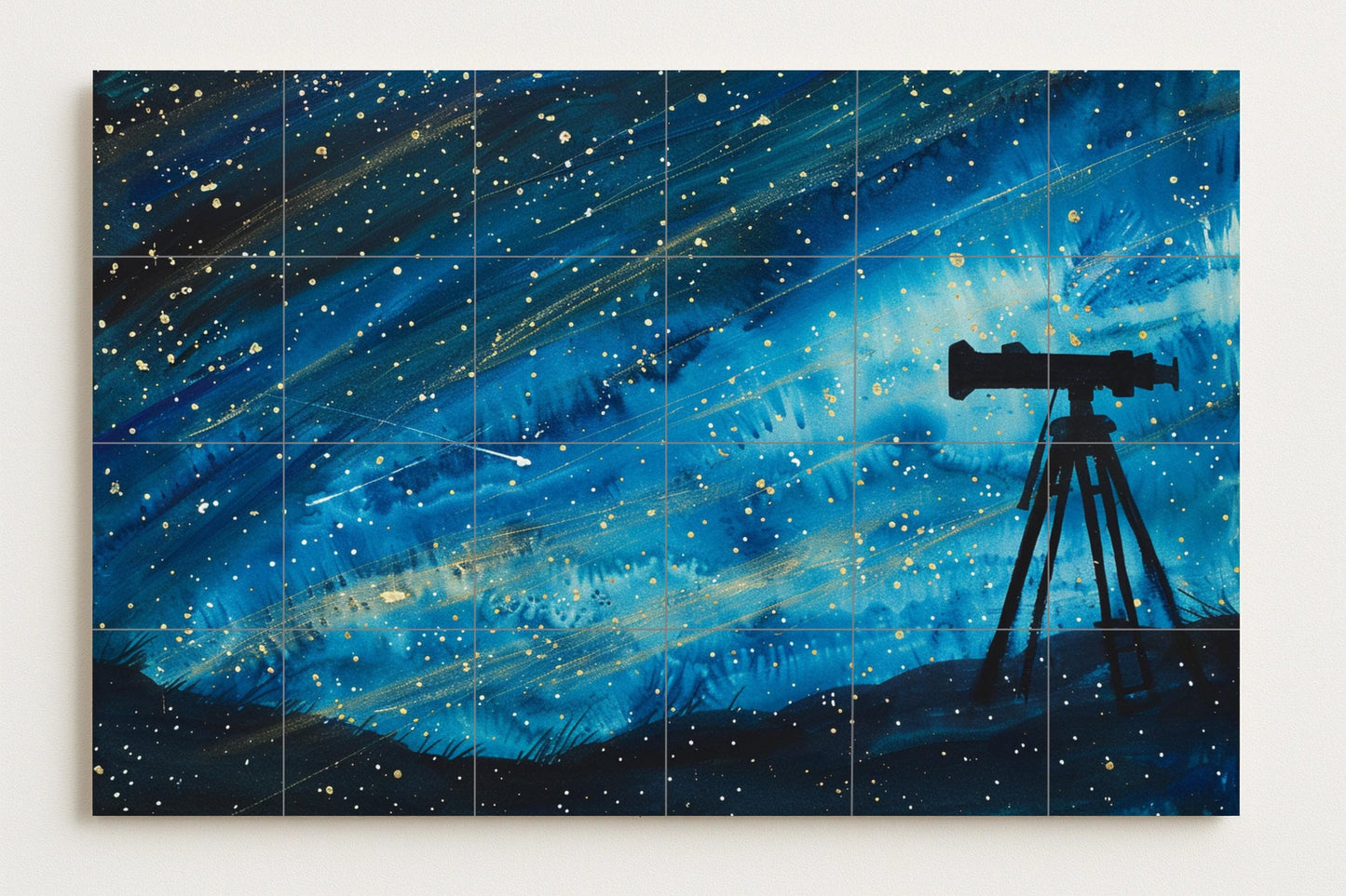 Nighttime Stargazing Mural • Tile Wall Art with Telescope • Celestial Observation Decor • Astronomical Ceramic Panel • Tile Scene with Starry Cosmos