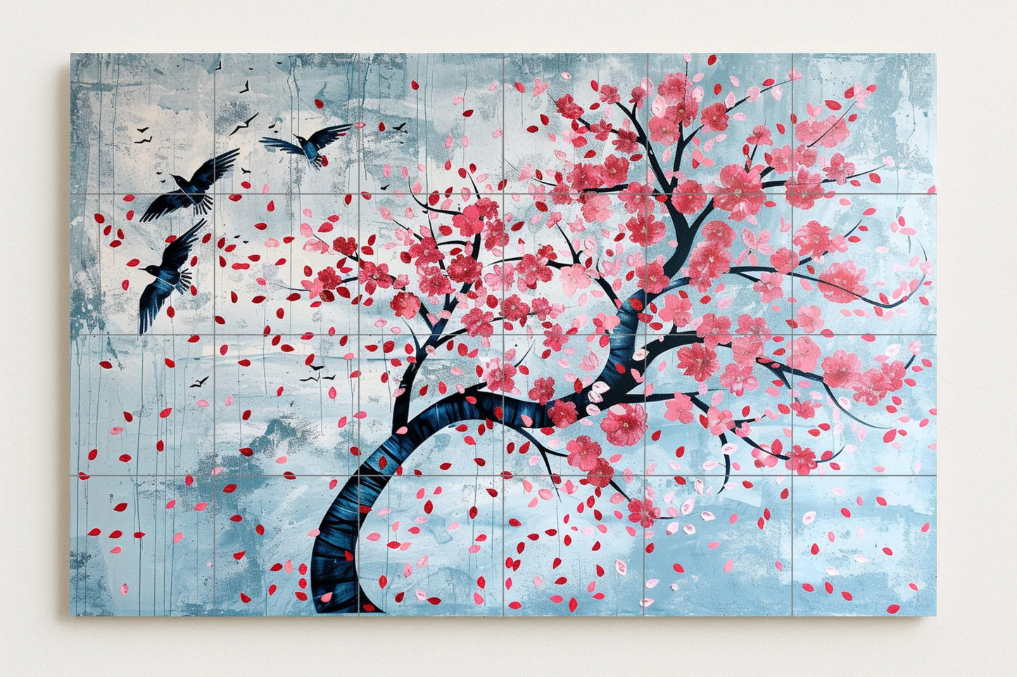 Cherry Blossom Mural • Drifting Petal Tile Wall Art • Decorative Birds in Flight Panel • Spring Bloom Ceramic Scene • Poetic Pink Tree Design