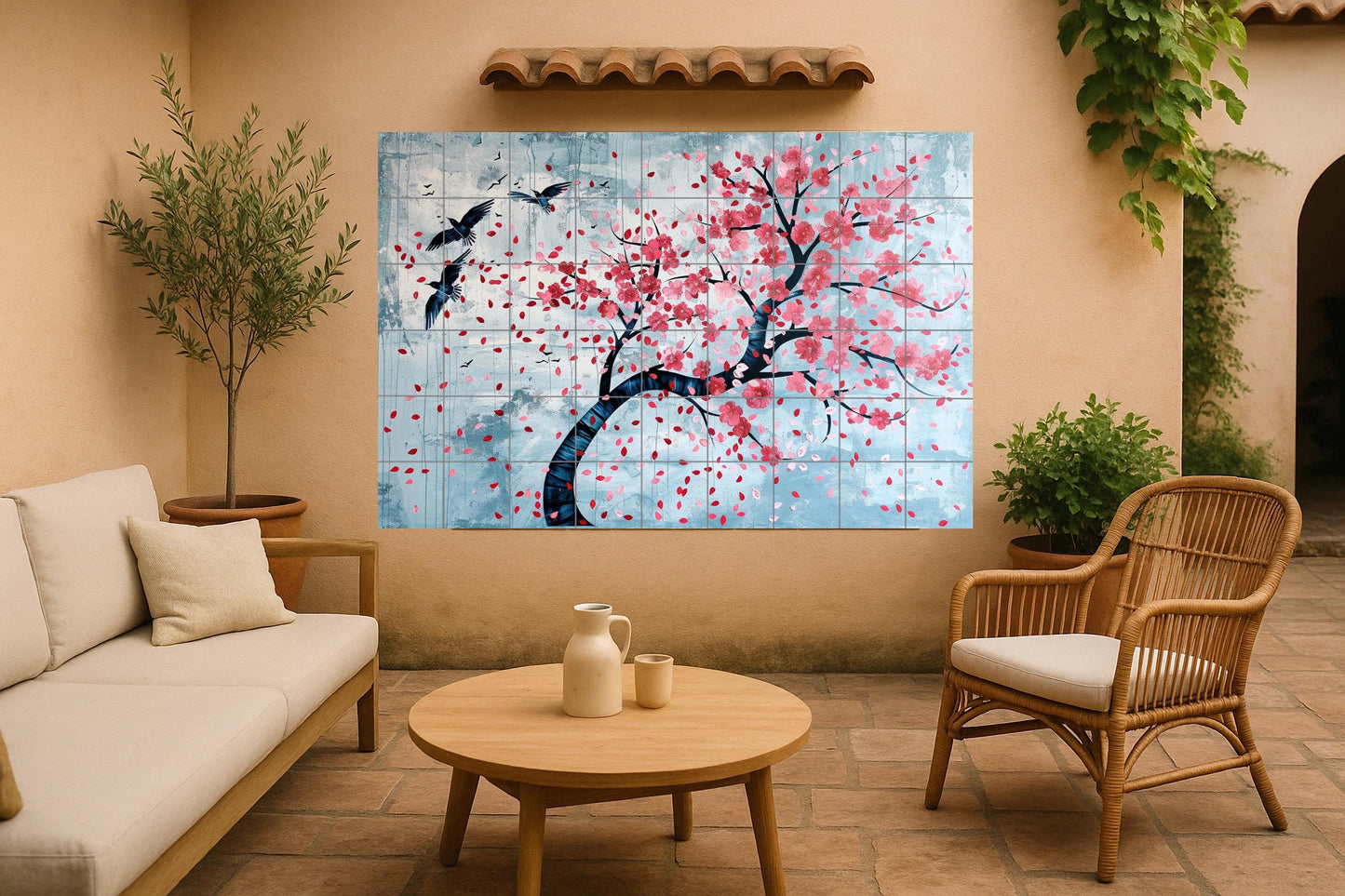 Cherry Blossom Mural • Drifting Petal Tile Wall Art • Decorative Birds in Flight Panel • Spring Bloom Ceramic Scene • Poetic Pink Tree Design