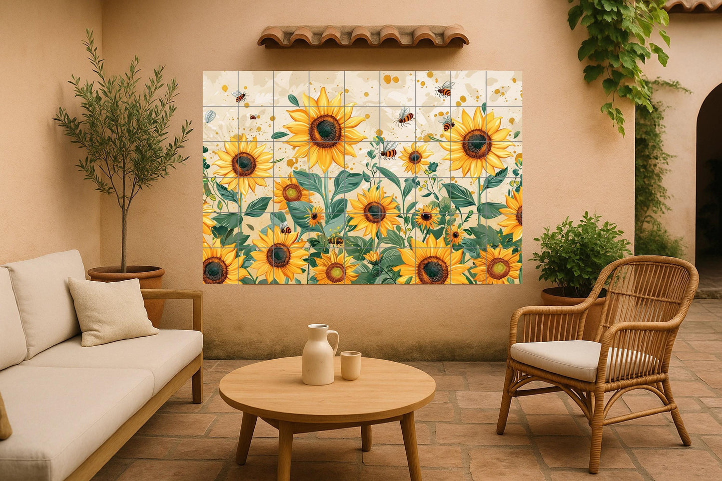 Bee and Sunflower Mural • Golden Blooming Tile Wall Art • Summer Pollination Decor • Cheerful Petal Panel • Natural Garden Ceramic Scene • Countryside View