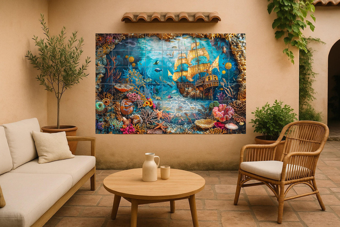 Sunken Ship Mural • Underwater Treasure Tile Wall Art • Gold Coral Reef Decor • Pirate Shipwreck Panel • Deep Sea Discovery Ceramic Scene