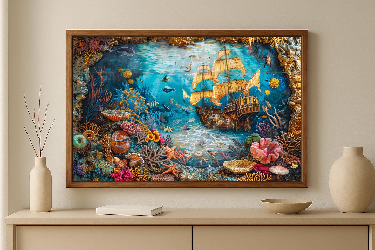 Sunken Ship Mural • Underwater Treasure Tile Wall Art • Gold Coral Reef Decor • Pirate Shipwreck Panel • Deep Sea Discovery Ceramic Scene
