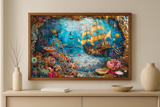 Sunken Ship Mural • Underwater Treasure Tile Wall Art • Gold Coral Reef Decor • Pirate Shipwreck Panel • Deep Sea Discovery Ceramic Scene